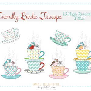 Friendly Birdie Teacups CLIP ART SET for personal and commercial use