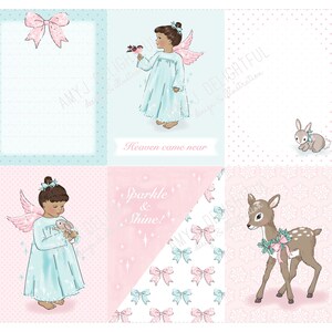 Cartoline stampabili del diario dei piccoli angeli di Natale - Download istantaneo - Donne di colore, pelle marrone, fulvo, coniglio, neve, foresta, vintage