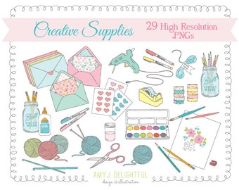 Crafty Creative Supplies CLIP ART SET for personal and commercial use art supplies, happy mail, crochet, knitting