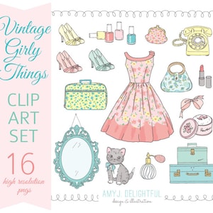 ¡Vintage Girly Things! CLIP ART SET para uso personal y comercial- vestido retro, moda, lápiz labial, esmalte de uñas, tacones altos, pasteles