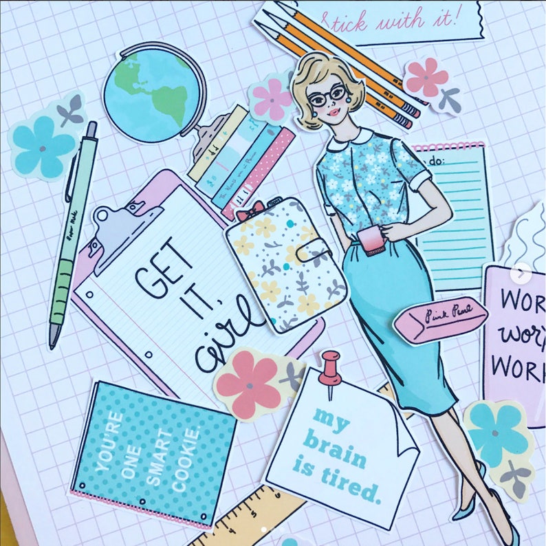 Printable Studious Retro Girl Planner KitDigital File Instant Download-die cuts, stickers, digital paper, library cards, Bando, hand drawn image 6