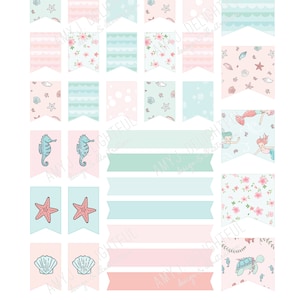 Printable MERMAID themed Flags and Banners stickers!-Digital File Instant Download- bando, happy planner, hand drawn, sea critters, ocean