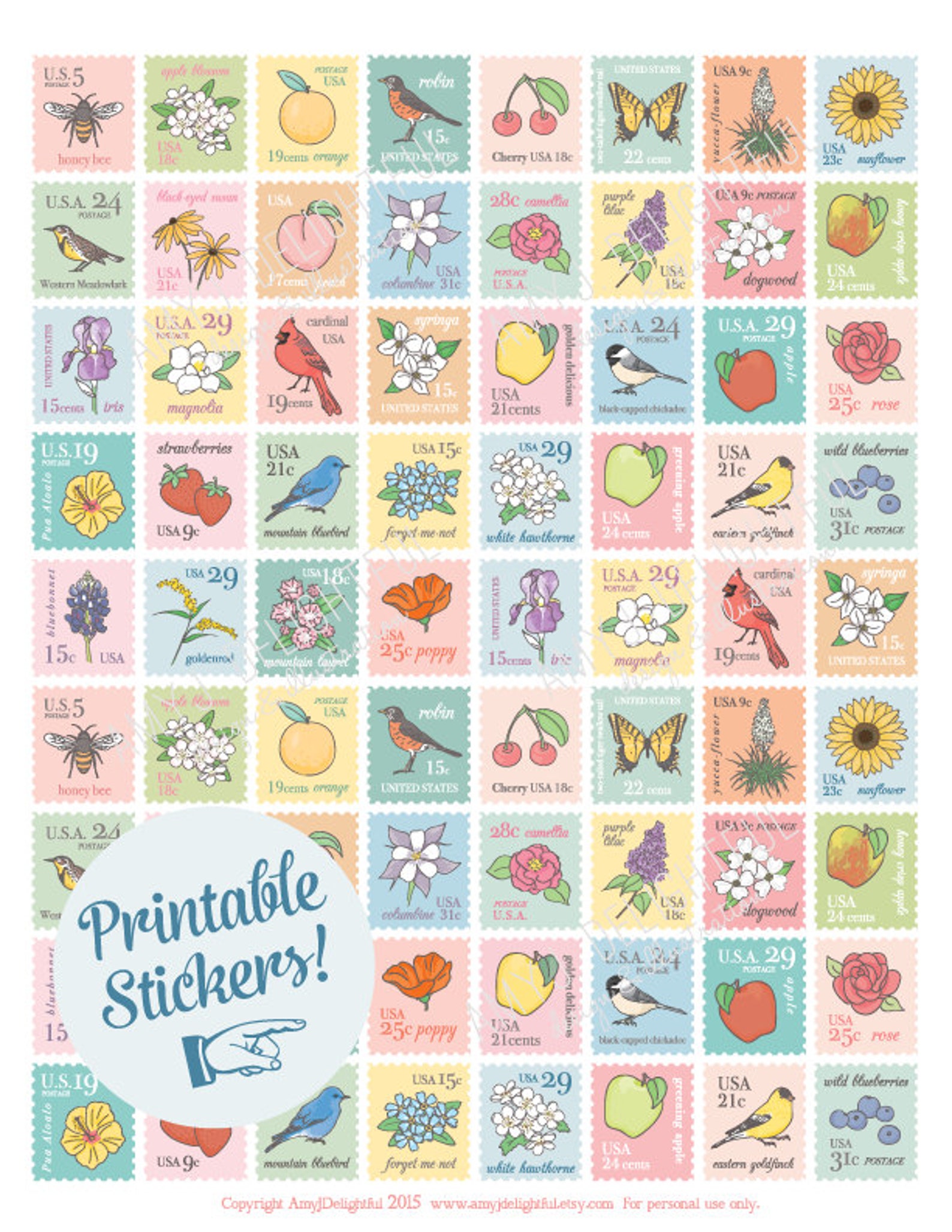 Printable Postage Stamp Style Stickers Digital File Instant Etsy