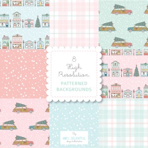 Small Town Christmas PATTERNED BACKGROUND set Pastels- digital papers, station wagon, plaid, snow, check