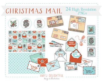 Christmas Mail and Packages CLIP ART SET for personal and commercial use - seals, stamps, patterned paper