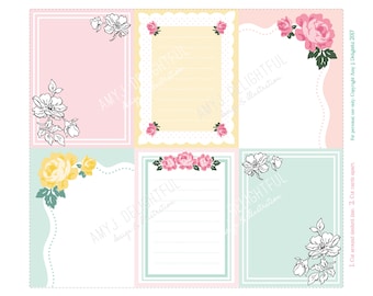May include: Six printable cards with floral designs. Each card has a white border and a pink, yellow, or green background. The cards are decorated with black and white line drawings of roses and a dashed line around the edge.
