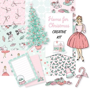 Printable Home for Christmas Creative Kit!-Digital File Instant Download-die cuts, stickers, digital paper, tags, retro girl,  hand drawn