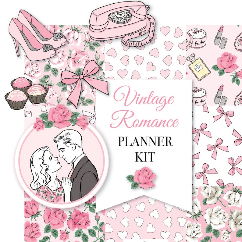 Printable Vintage Romance Planner KitDigital Instant Download-die cuts, stickers, digital paper, journal cards, Valentines Day, hand drawn image 1