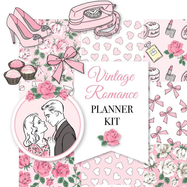 Printable Vintage Romance Planner KitDigital Instant Download-die cuts, stickers, digital paper, journal cards, Valentines Day, hand drawn image 1