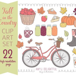 FALL in the Country Clip Art Set voor persoonlijk en commercieel gebruik- fiets met mand, appels, pompoen, laarzen, latte, bladeren, inblikken
