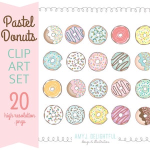 Pastel DONUT Clip Art Set for personal and commercial use- sweet treats, sprinkles, frosting, chocolate, rainbow, doughnuts