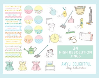 Housekeeping CLIP ART SET for personal and commercial use dishes, cleaning supplies, chores, vacuum, laundry