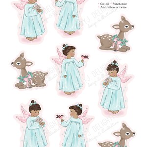 Etichette stampabili di piccoli angeli di Natale - Download istantaneo - Donne di colore, pelle marrone, cerbiatto, coniglietto, inverno, fate, etichette regalo