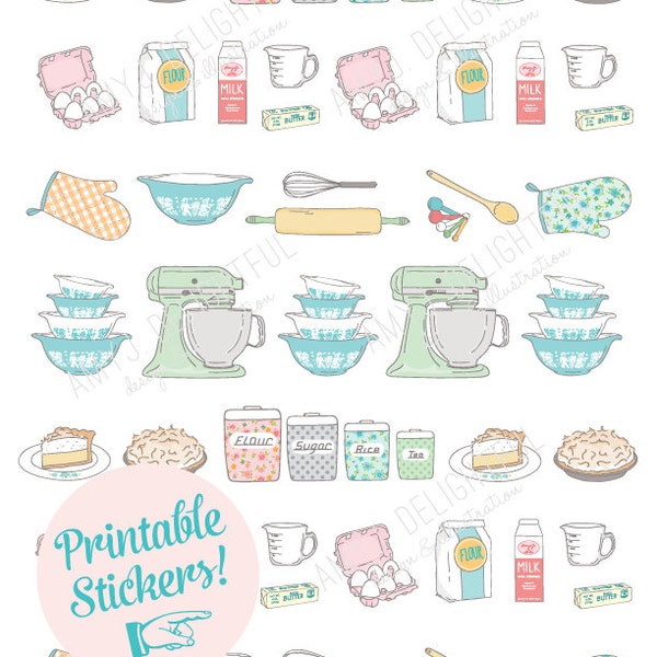 Printable Vintage BAKING stickers! - Digital File Instant Download- mixer, spatula, pie, four, mixing bowls, hand drawn