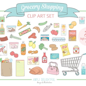 GROCERY SHOPPING Clip Art Set für den persönlichen und kommerziellen Gebrauch- Essen, Shop, Einkaufswagen, Tasche, Kreditkarte, Supermarkt, Liste, Geldbörse