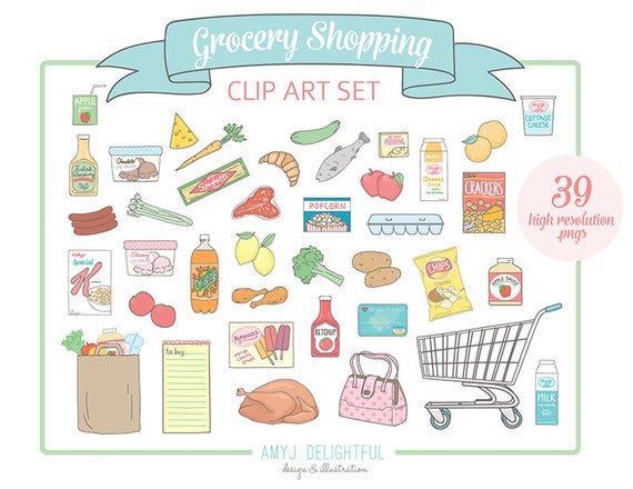 GROCERY SHOPPING Clip Art Set for personal and commercial use- food, store,  shopping cart, bag, credit card, super market, list, purse