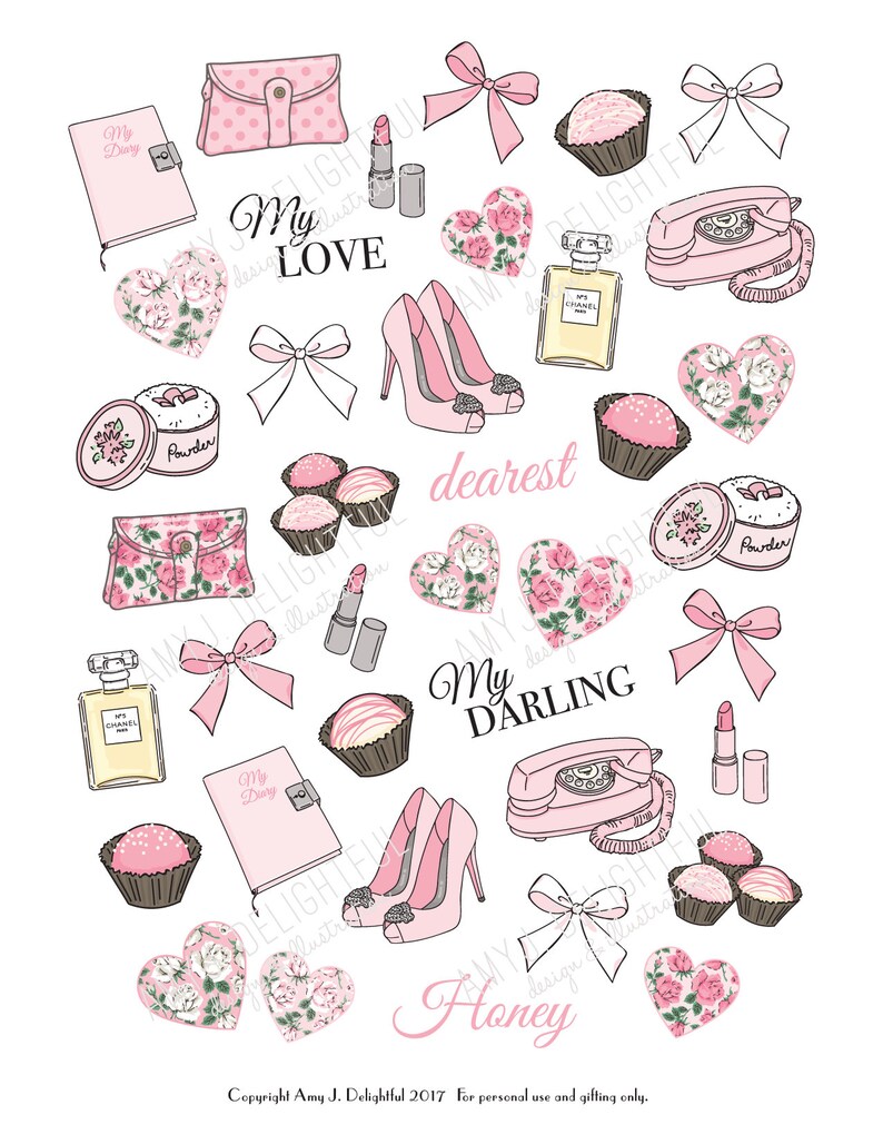 Printable Vintage Romance Planner KitDigital Instant Download-die cuts, stickers, digital paper, journal cards, Valentines Day, hand drawn image 5