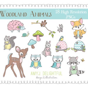 Whimsical Woodland Creatures CLIP ART SET for personal and commercial use -fawn, fox, racoon, hedgehog, bunny, owls, squirrel and more