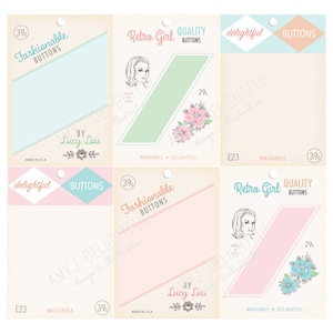 Puede incluir: Seis etiquetas imprimibles para botones, con un diseño de chica retro. Las etiquetas son rosas, azules y verdes con texto blanco. El texto en las etiquetas incluye "Botones de moda", "Botones de calidad retro", "Botones encantadores", "Por Lucy Lou", "E23 Lavable", y "39¢".