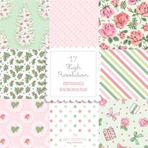 Christmas Rose PATTERNED BACKGROUND set-digital papers, vintage tree, presents, stripes, holly, roses, berries, pink, red