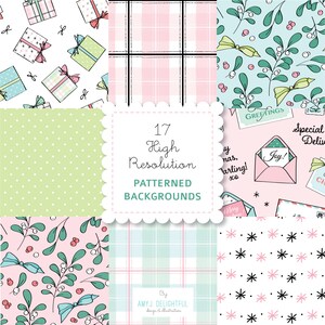 Christmas Gifts PATTERNED BACKGROUND set Pastels- digital papers, vintage pink tree, presents, mail, plaid, mistletoe