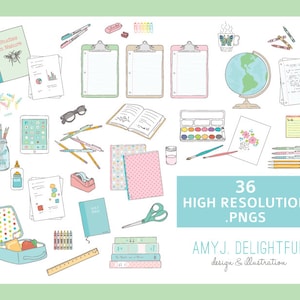 SCHOOLBENODIGDHEDEN Clip Art Set voor persoonlijk en commercieel gebruik- klemborden, notitieblokken, sharpies, iPad, notitieblok, tape, schaar, lijm