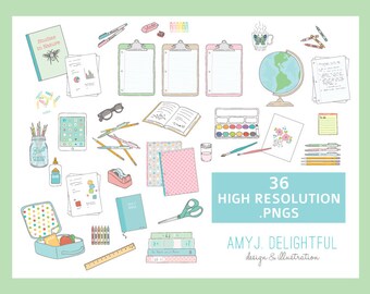 SCHOOL SUPPLIES Clip Art Set for personal and commercial use- clip boards, notebooks, sharpies, iPad, note pad, tape, scissors, glue