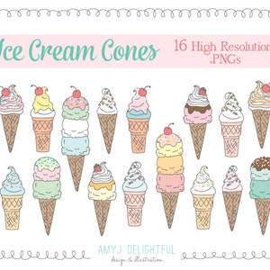 ICE CREAM CONES Clip Art Set para uso personal y comercial: dulces, yogur congelado, espolvoreados, cereza, crema batida