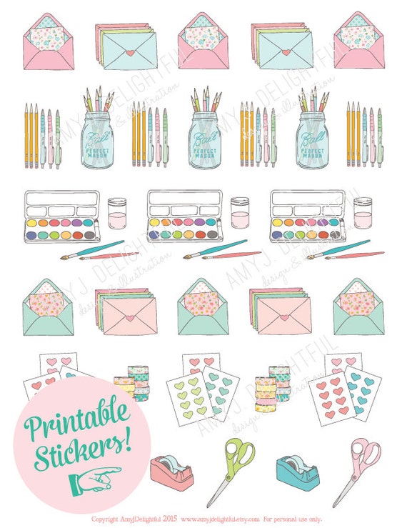 Printable PLANNER/STATIONERY stickers! - Digital File Instant Download-  crafting, washi tape, office supplies, embellishment, hand drawn