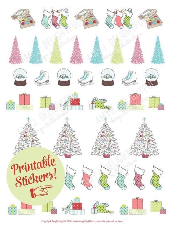 Printable Vintage Christmas STICKERS! - Digital File Instant Download-  retro holiday, stockings, snow globe, ice skates, presents, packages