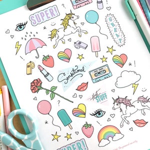 Printable 80s STICKER MIX! -Digital File Instant Download-rainbow heart, cassette tape, unicorn, doodle, lips, bando planner stickers