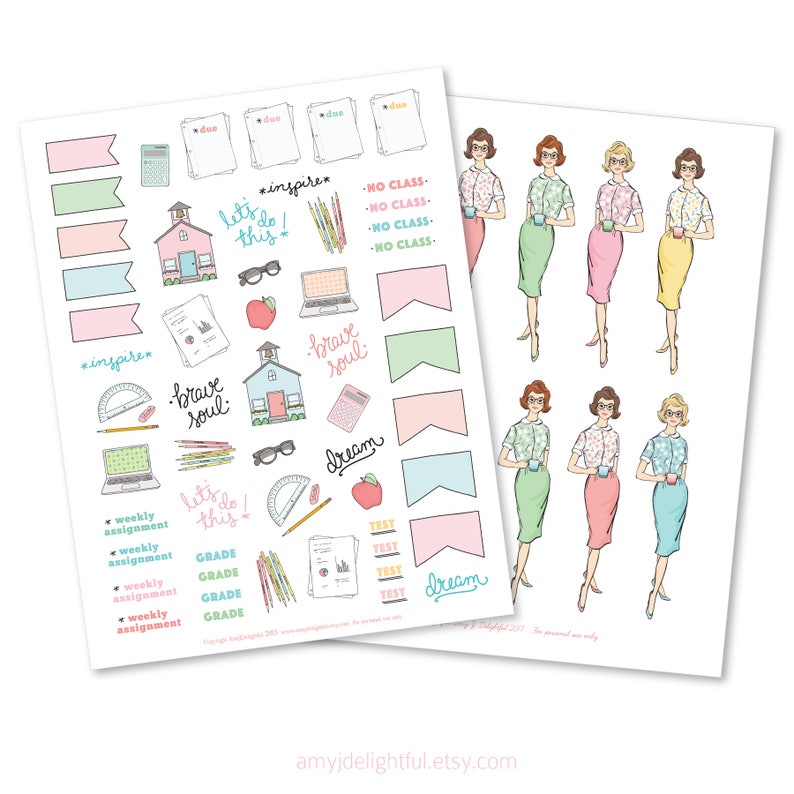 Printable Studious Retro Girl Planner KitDigital File Instant Download-die cuts, stickers, digital paper, library cards, Bando, hand drawn image 2