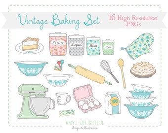 Vintage Baking Kitchen CLIP ART SET for personal and commercial use - pie, mixer, rolling pin, pyrex, canisters