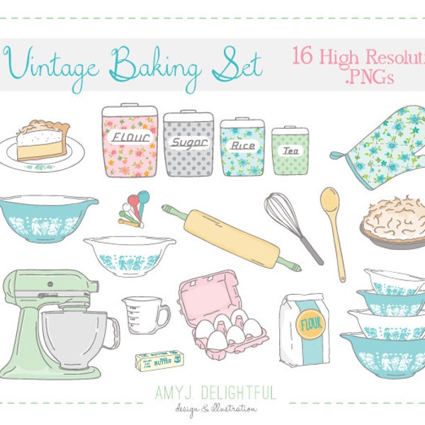 Vintage Baking Kitchen CLIP ART SET for personal and commercial use - pie, mixer, rolling pin, pyrex, canisters