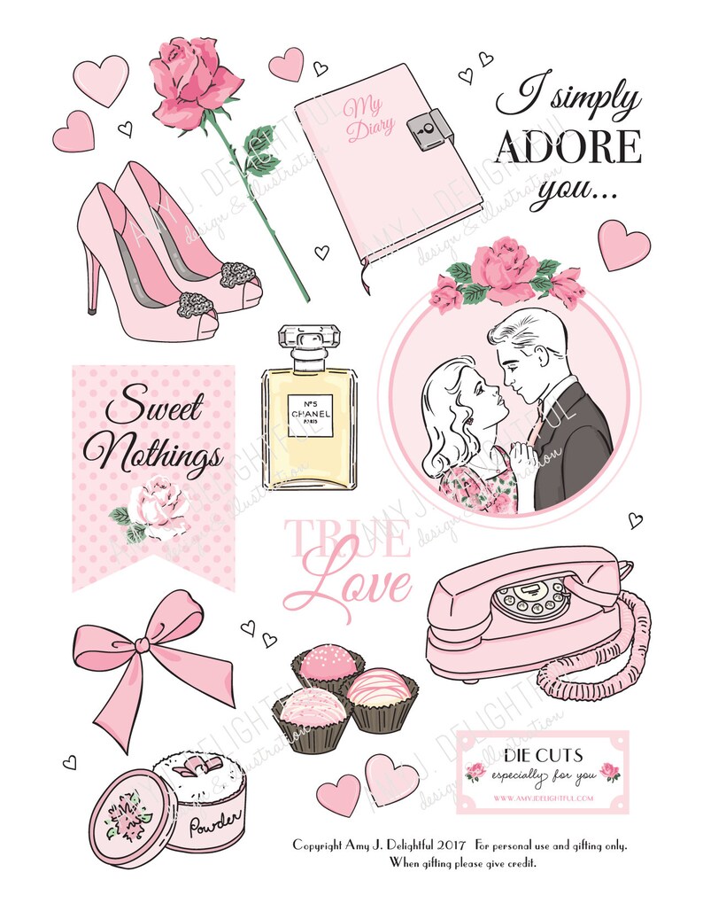 Printable Vintage Romance Planner KitDigital Instant Download-die cuts, stickers, digital paper, journal cards, Valentines Day, hand drawn image 2