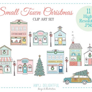 Small Town Christmas Holiday CLIP ART SET for personal and commercial use - tree, main street, old fashioned, station wagon, storefronts