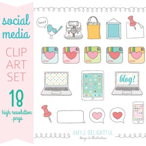 SOCIAL MEDIA Clip Art Set for personal and commercial use- camera, shopping, favorite heart, iPhone, iPad, laptop