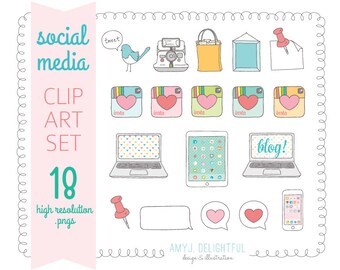 SOCIAL MEDIA Clip Art Set for personal and commercial use- camera, shopping, favorite heart, iPhone, iPad, laptop