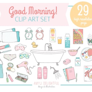 ¡Buenos días! CLIP ART SET para uso personal y comercial: rutina matutina, maquillaje, baño, ducha, desayuno, cereales, devociones, dibujado a mano
