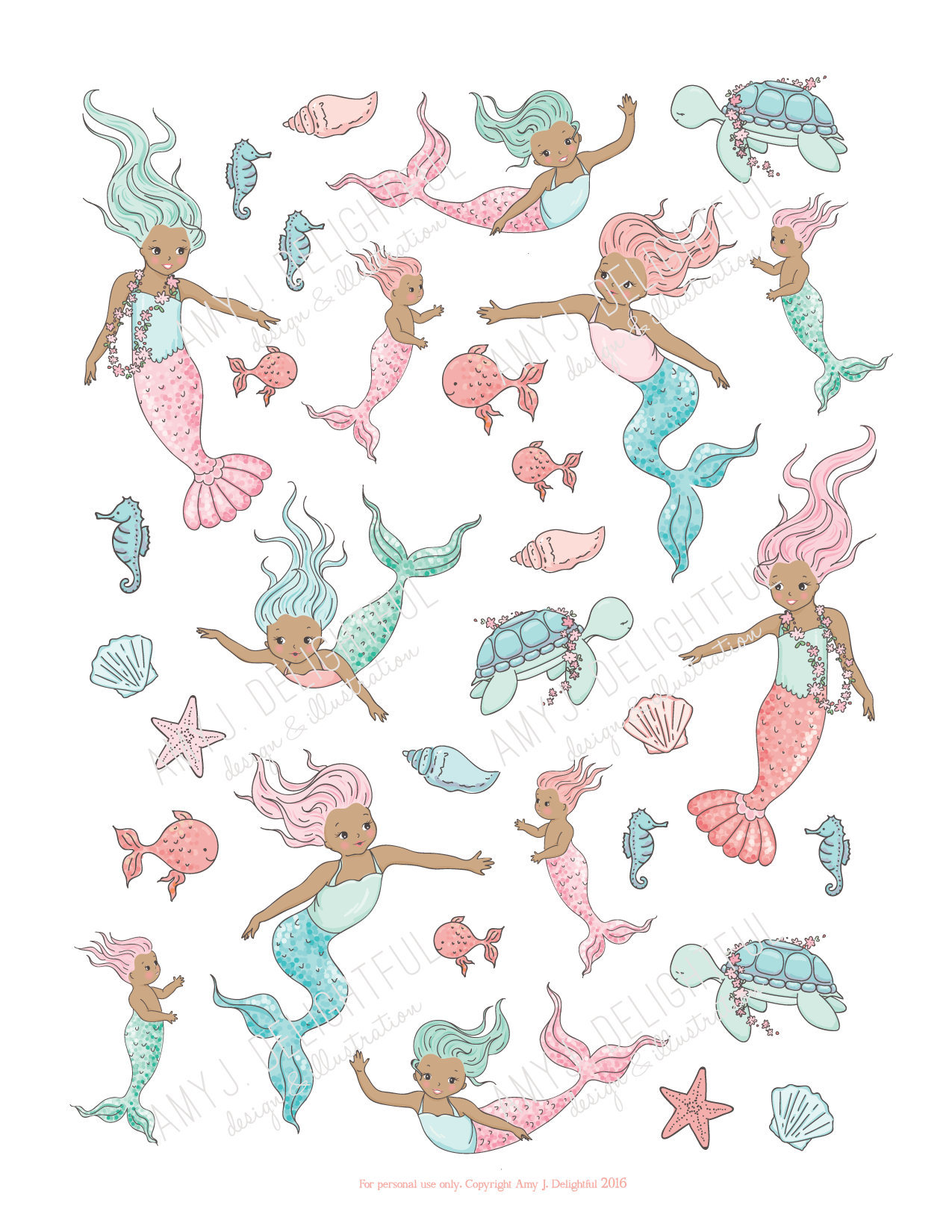 printable mermaid stickersdigital file instant download dark etsy