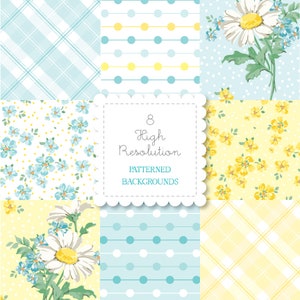 May include: A set of eight high-resolution patterned backgrounds featuring various floral and geometric designs in blue, yellow, and white.