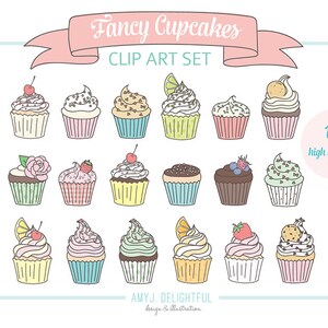 May include: Set of 18 colorful cupcake clip art illustrations. Each cupcake has a different topping, including cherries, strawberries, flowers, and sprinkles. The cupcakes are outlined in black and have a white background.