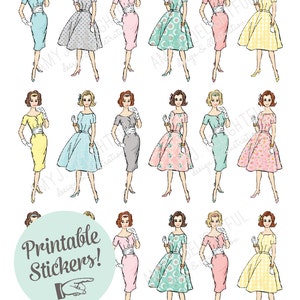 Printable Spring Retro Girl stickers!-Digital File Instant Download-1960s vintage lady, planner, bible journaling, Happy Planner, hand drawn
