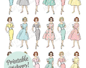 Printable Spring Retro Girl stickers!-Digital File Instant Download-1960s vintage lady, planner, bible journaling, Happy Planner, hand drawn