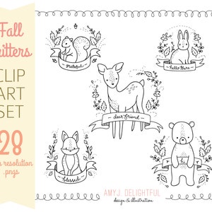 Fall Critters CLIP ART SET for personal and commercial use -fawn, fox, bear, bunny, squirrel, digital stamps, scrapbooking, colorable