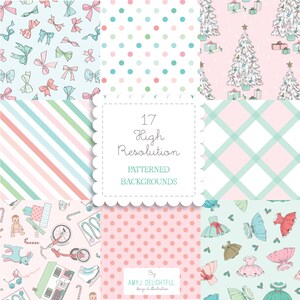Christmas Dreams PATTERNED BACKGROUND set Pastels- digital papers, vintage white tree, presents, doll, bows, 1950s
