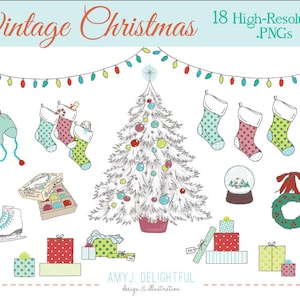 Vintage Christmas Holiday CLIP ART SET for personal and commercial use - tree, ice skates, stockings, gifts, snow globe, lights, wreath