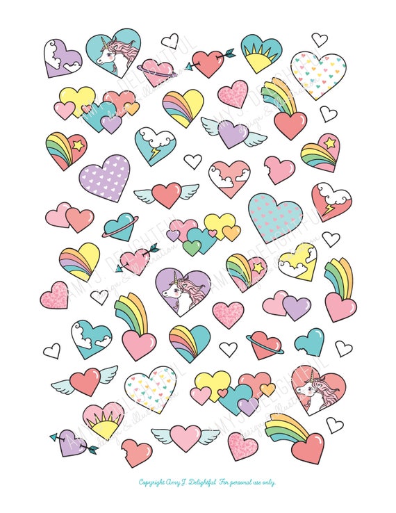 Autocollants imprimables de coeur des années 80 Digital File Instant  Download-rainbow heart, unicorn, doodle, bando planner stickers, hand  drawn, -  France