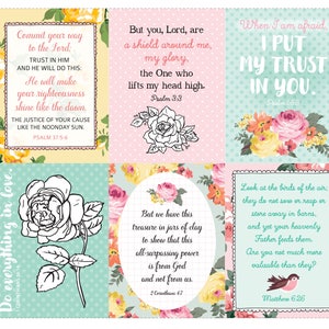 May include: A set of six printable cards with floral designs and inspirational quotes from the Bible. Each card features a different verse and a floral illustration. The cards are printed on a light blue background with a white border.
