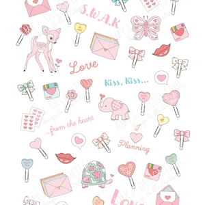 Printable VDAY Sticker Mix! -Digital File Instant Download- planner clips, candy, lips, critters, love, valentines day, Bando, hand drawn